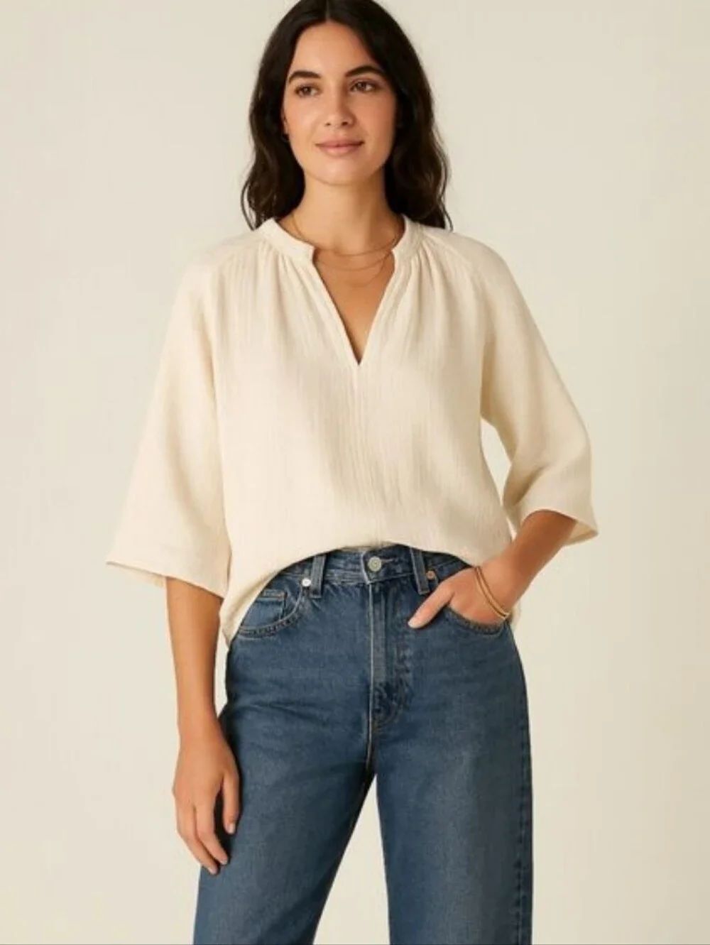 Apiece Apart Cream Organic Cotton 3/4 Sleeve Blouse Sz M